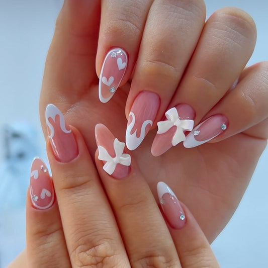 White Bow Almond Press-On Nails - Cute & Feminine