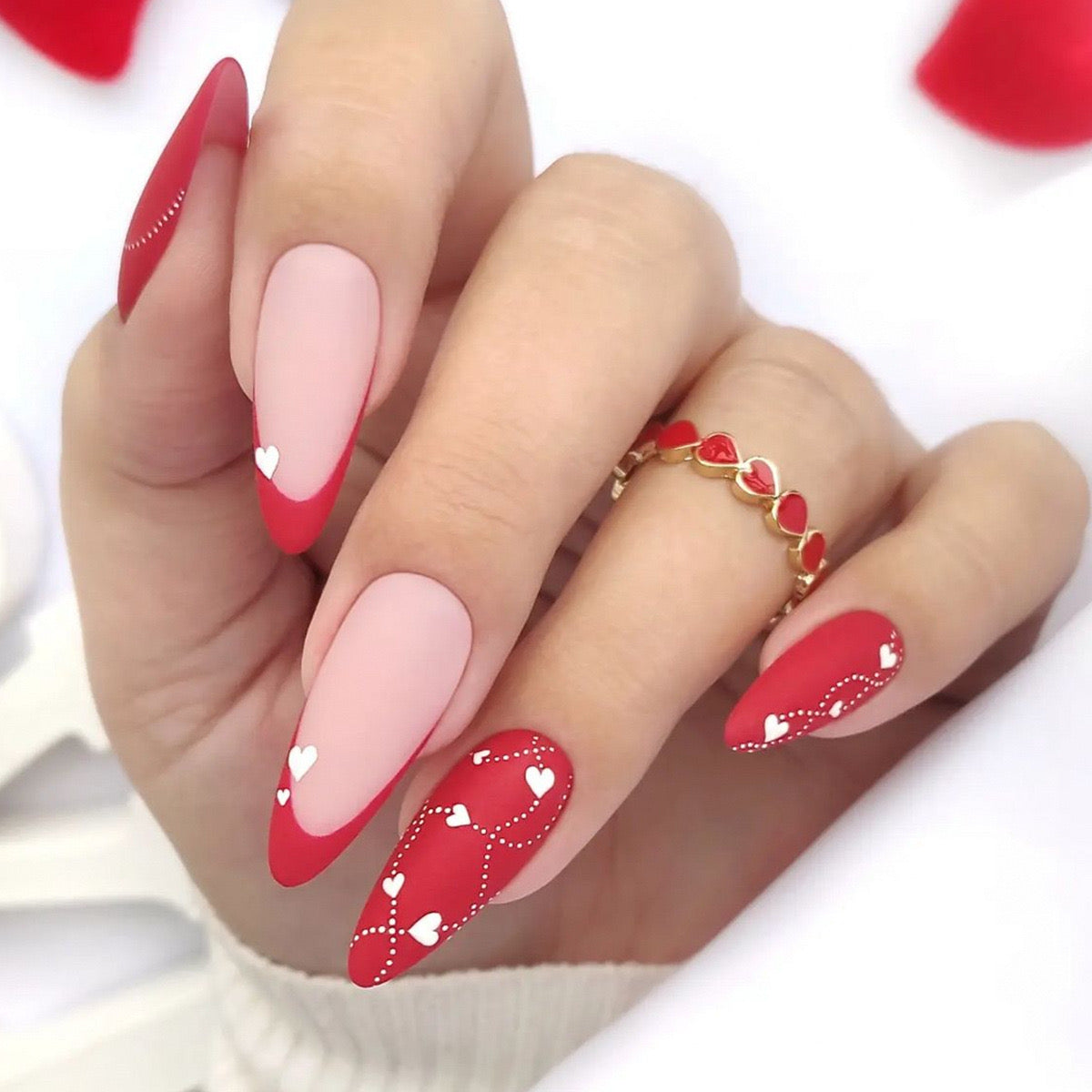 Matte Red Heart Almond Press-On Nails - Romantic & Sophisticated