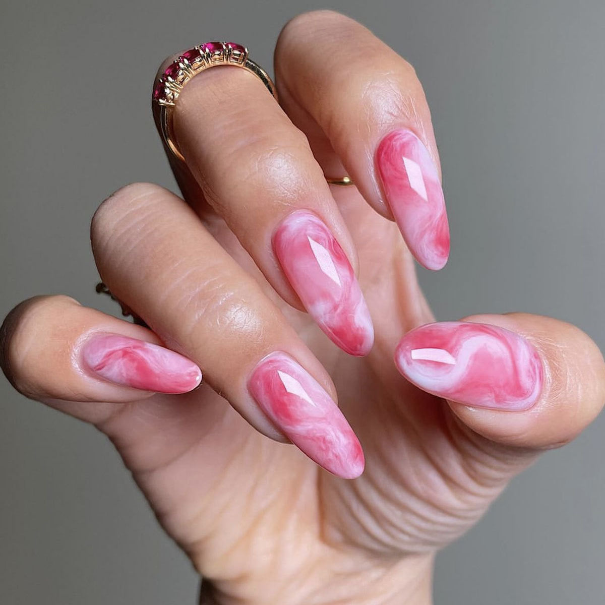 Pink Marble Almond Press-On Nails - Elegant & Modern