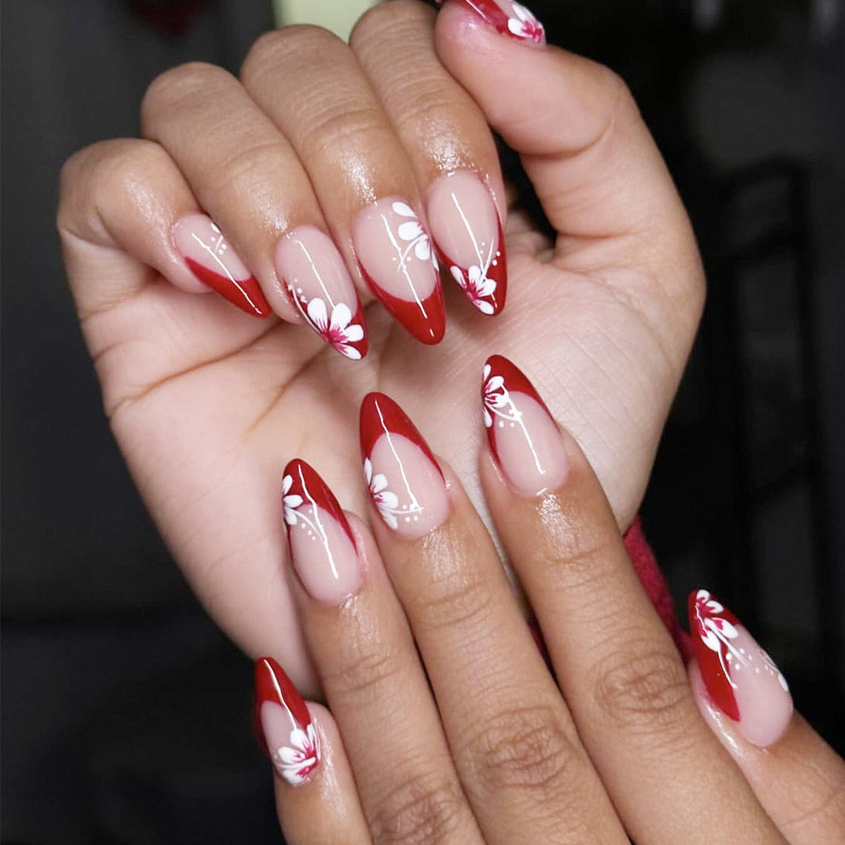 Red Floral Stiletto Press-On Nails - Elegant & Feminine