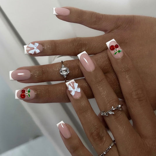 Cherry Bow Square Press-On Nails - Playful & Stylish