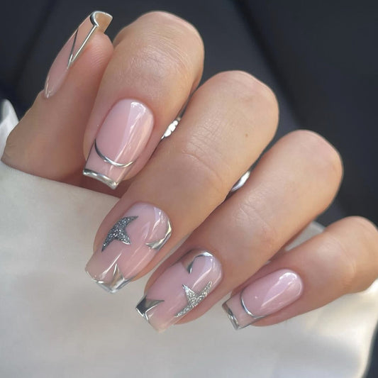 Silver Star Square Press-On Nails - Elegant & Glamorous