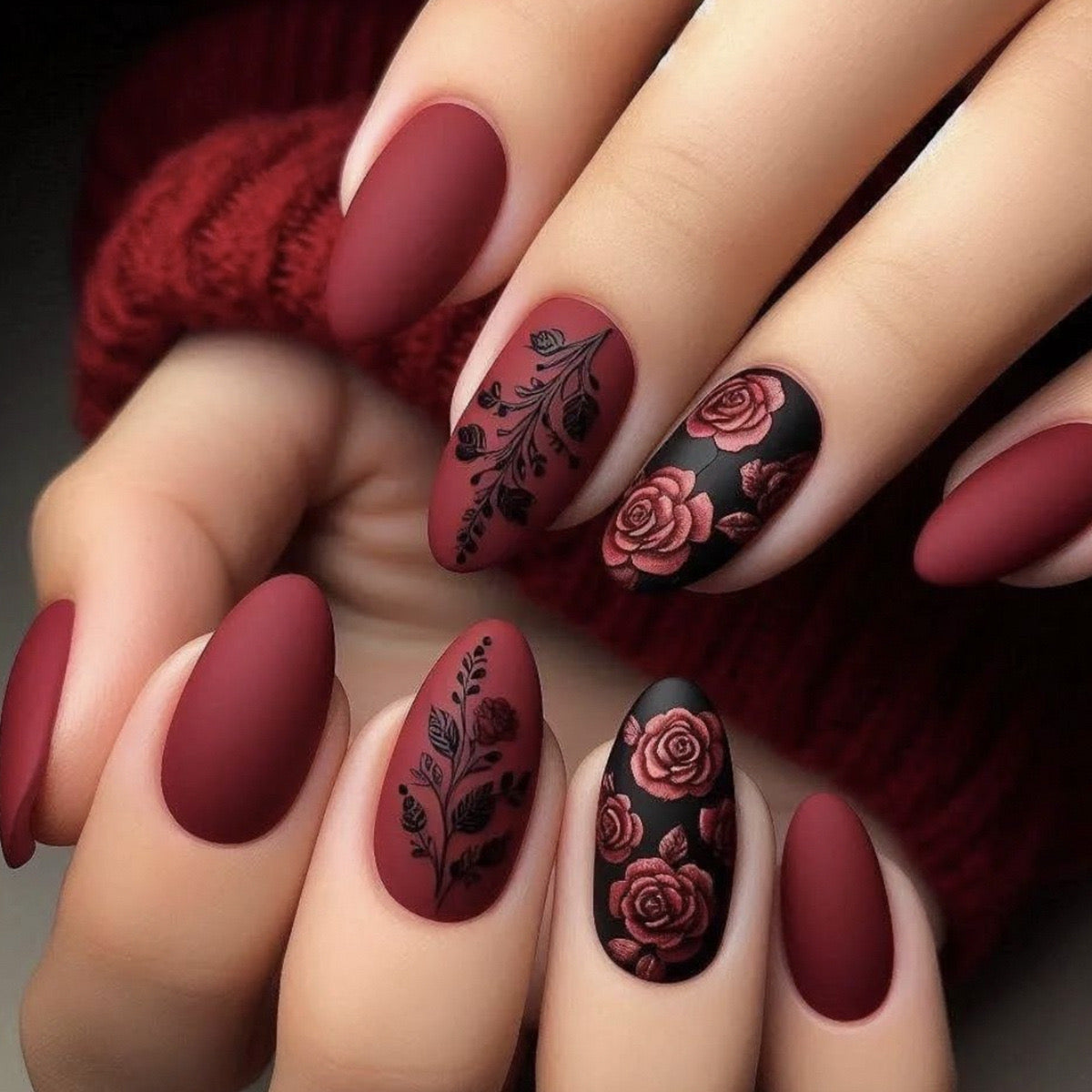 Matte Burgundy Rose Oval Press-On Nails - Bold & Romantic