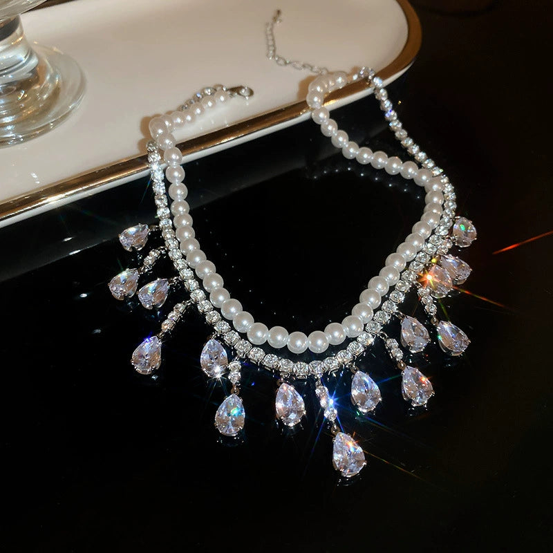 Radiant Elegance Pearl & Crystal Drop Necklace