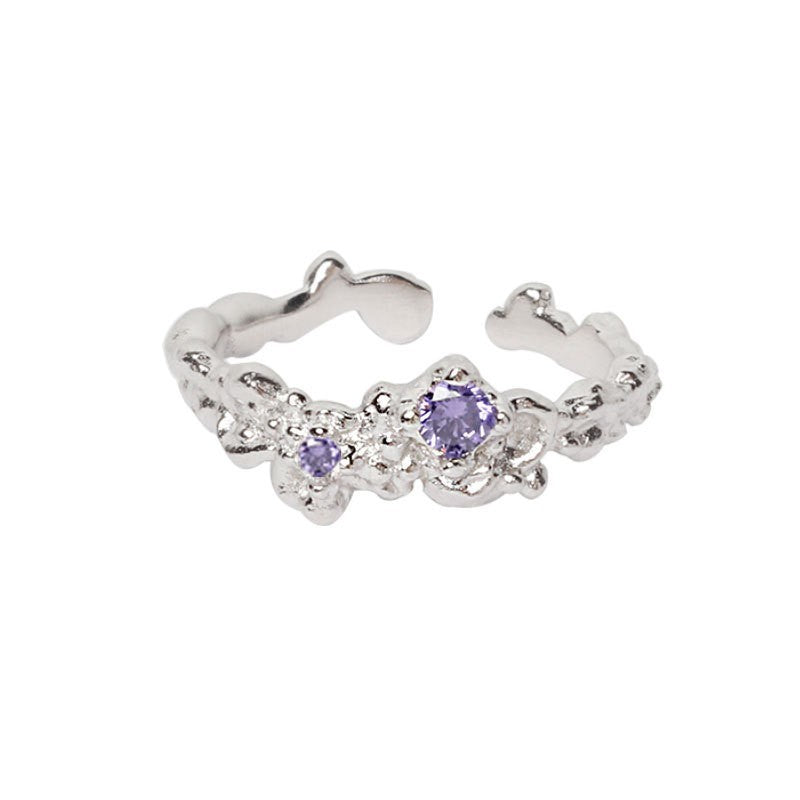 Irregular molten silver style purple gem ring